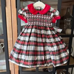 Marco & Lizzy silk plaid dress baby girl smocked puff sleeve peter pan collar